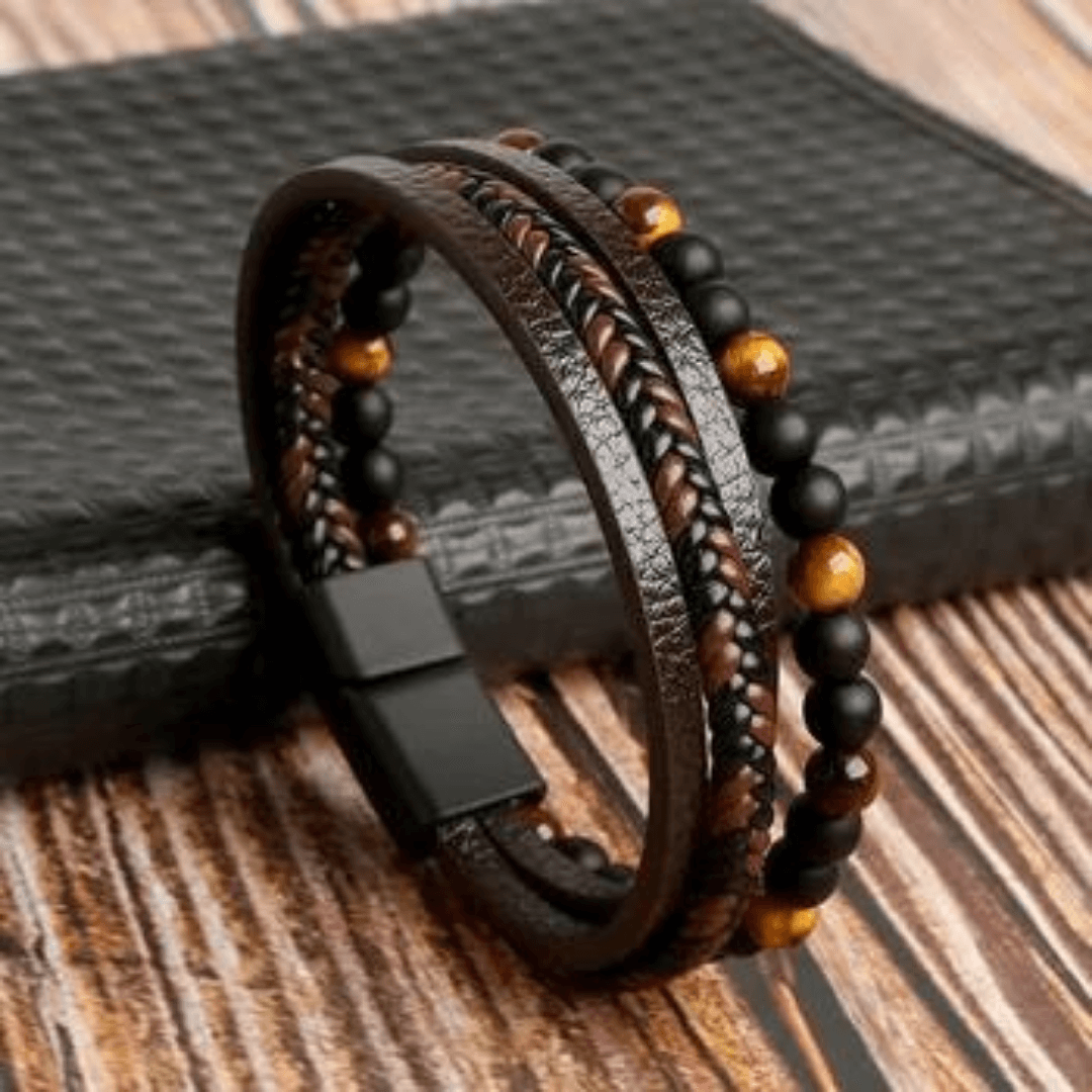 Men's Leather & Stone Bead Bracelet | Offmint