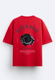 Black Rose Printed Red Oversized T-Shirt By Offmint