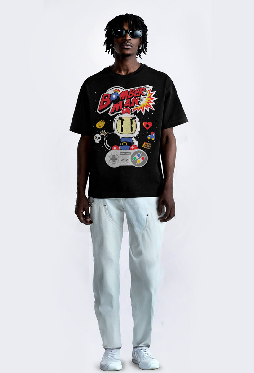 Bomber Man Printed Black Oversized T-Shirt By Offmint