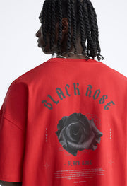 Black Rose Printed Red Oversized T-Shirt By Offmint