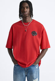 Black Rose Printed Red Oversized T-Shirt By Offmint