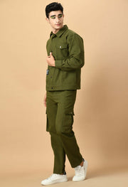 Olive Green Overshirt with Button and Zip Closure co-ord set By Offmint - Elevate Your Casual Chic
