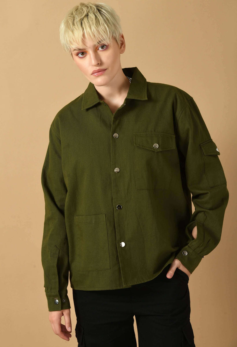 Olive Green Overshirt with Button Closure By Offmint