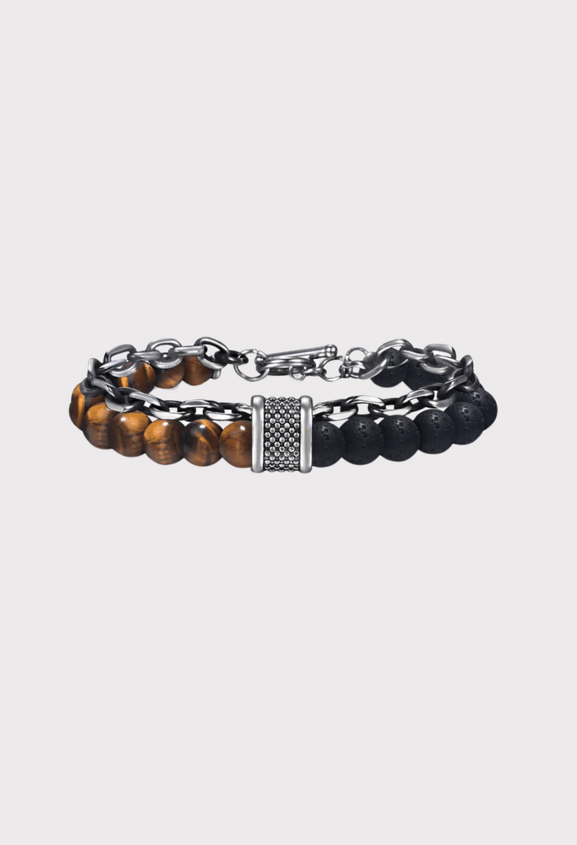 Men's Layered Leather Bracelet With Tiger Eye & Lava Stone | Adjustable Magnetic Clasp Beaded Bracelet For Stress Relief - View #5
