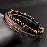 Multilayer Leather Bracelet with Tiger Eye And Lava Natural   Beads For Men By Offmint