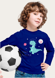 Space Dinosaur Printed Royal Blue Full Sleeves Kids T-shirt By Offmint