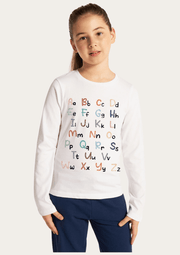 Alphabets Printed White Full Sleeves Kids T-shirt By Offmint