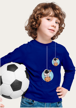 Astronaut On The Moon Printed Royal Blue Full Sleeves Kids T-shirt By Offmint