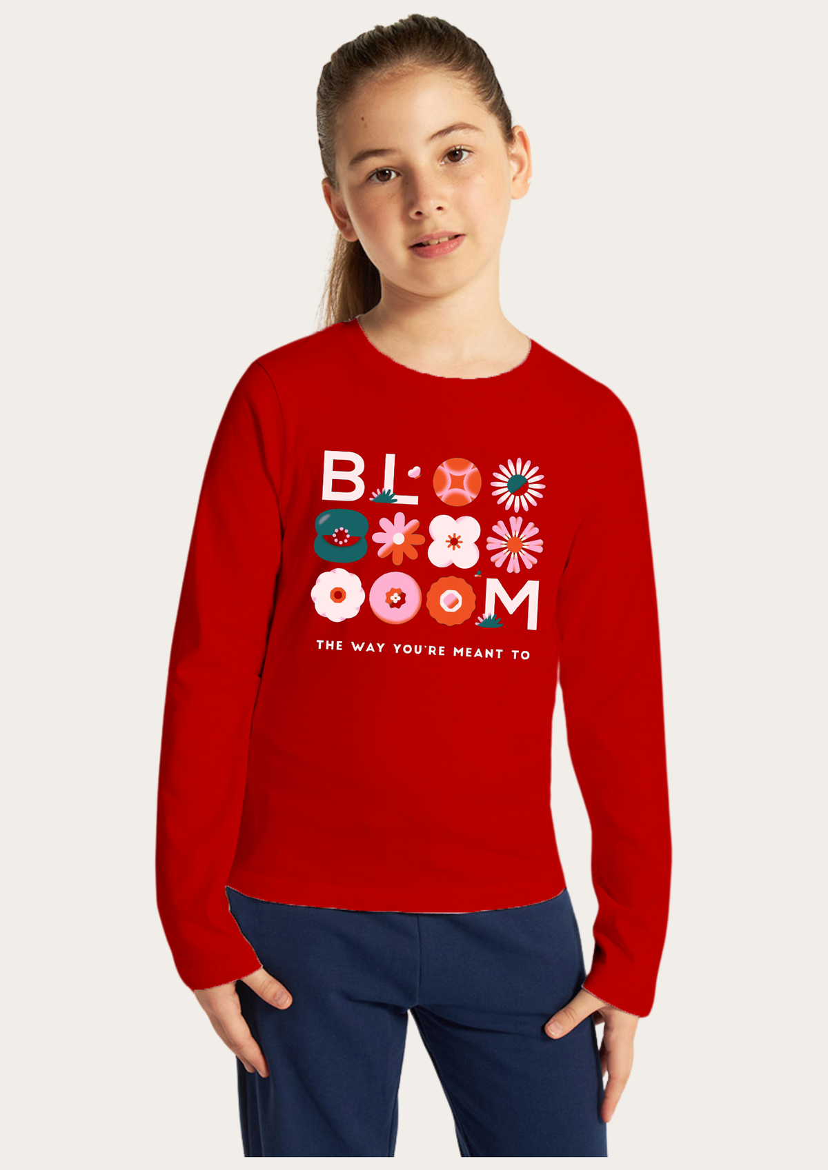 Bloom Printed Red Full Sleeves Kids T-shirt By Offmint