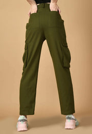 6 pocket women's olive green color cargo pant by offmint