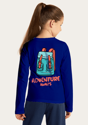 Adventure Awaits Printed Royal Blue Full Sleeves Kids T-shirt By Offmint
