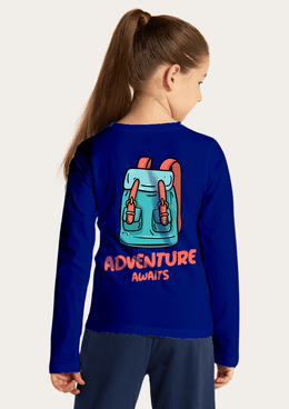 Adventure Awaits Printed Royal Blue Full Sleeves Kids T-shirt By Offmint