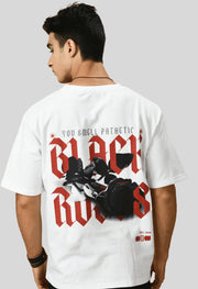 Black Rose Printed White Oversized T-shirt By Offmint