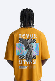 Revolution Printed Mustard Oversized T-Shirt By Offmint