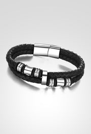 Black Double Layer Braided Genuine Leather Stainless Steel Bracelet By Offmint