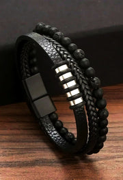 Lava Stone Silver Metal Multilayer Leather Bracelet By Offmint