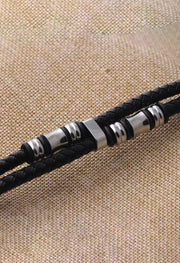 Black Double Layer Braided Genuine Leather Stainless Steel Bracelet By Offmint