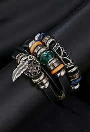 Blue Beads Leaf Multilayer Leather Bracelet By Offmint