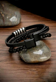 Lava Stone Silver Metal Multilayer Leather Bracelet By Offmint