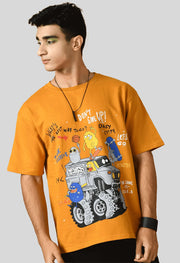 Don't Give Up  Printed Mustard Oversized T-shirt By Offmint