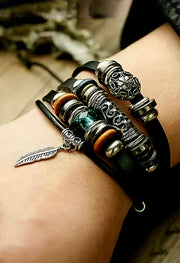 Blue Beads Leaf Multilayer Leather Bracelet By Offmint