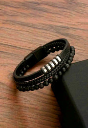 Lava Stone Silver Metal Multilayer Leather Bracelet By Offmint