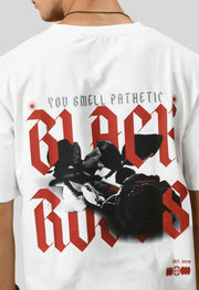 Black Rose Printed White Oversized T-shirt By Offmint