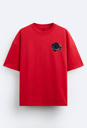 Black Rose Printed Red Oversized T-Shirt By Offmint