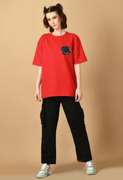 Black Rose Printed Red Oversized T-shirt By Offmint