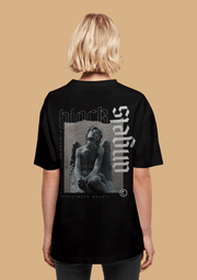 Black angels printed black color oversized t-shirt by offmint