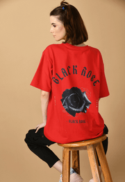 Black rose printed red color oversized t-shirt by offmint