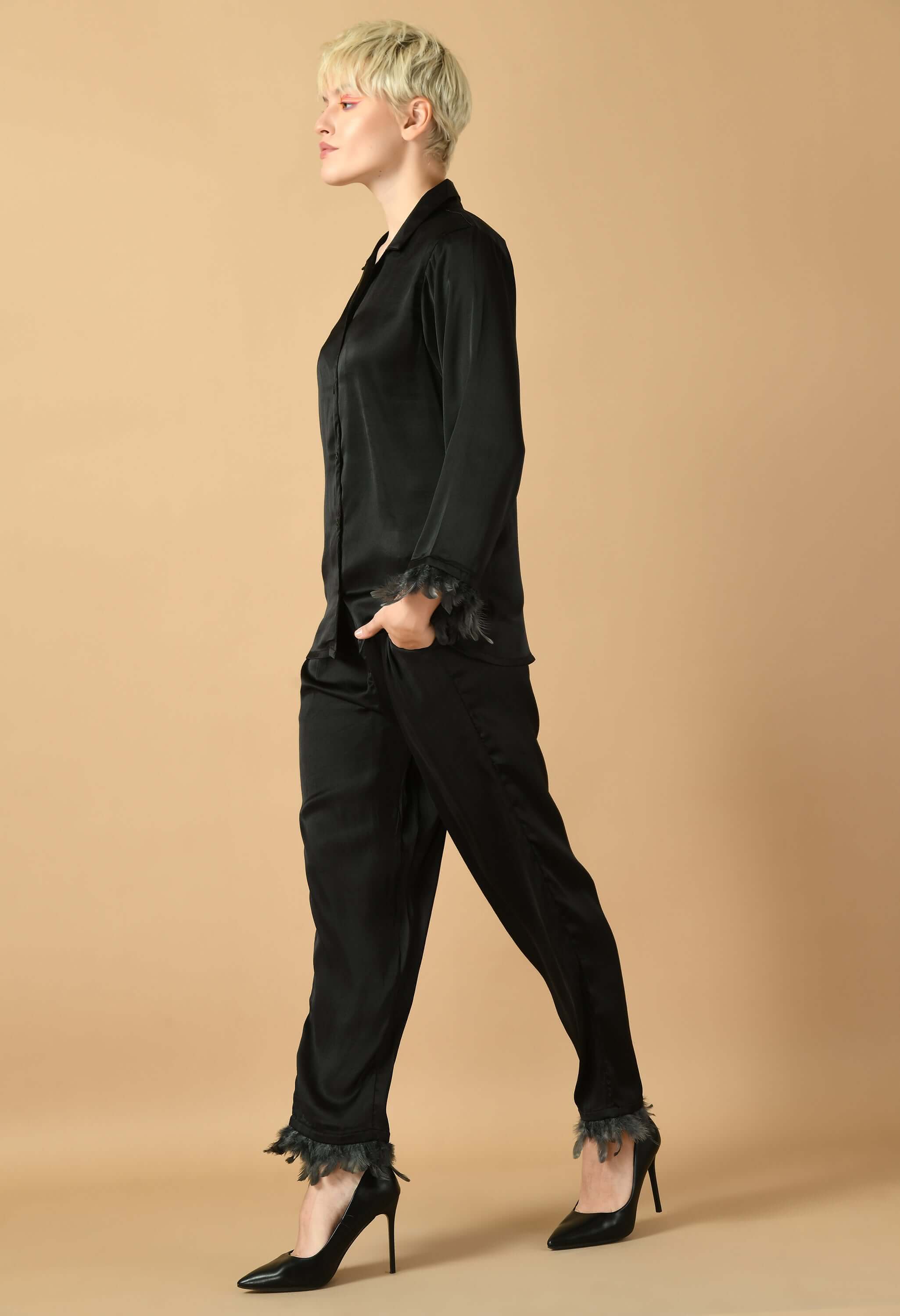 Black Satin Feather Co-Ord Set By Offmint