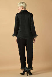 Black satin feather women's co-ord set by offmint