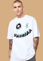 Blue smiley printed white oversized t-shirt by offmint