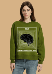 Brain printed olive green color women's sweatshirt by offmint