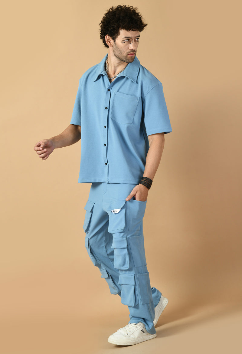 12 Pocket's Sky Blue Shirt Co-ord Set By Offmint