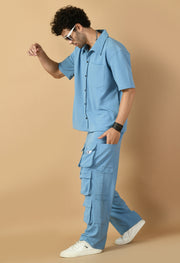 12 Pocket's Sky Blue Shirt Co-ord Set By Offmint