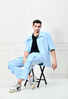 12 Pocket's Sky Blue Shirt Co-ord Set By Offmint