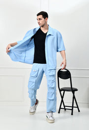 12 Pocket's Sky Blue Shirt Co-ord Set By Offmint