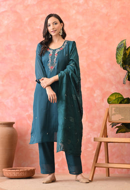 Teal Blossom Embroidered Kurta Set