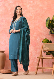 Teal Blossom Embroidered Kurta Set