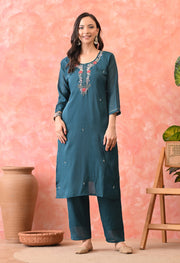 Teal Blossom Embroidered Kurta Set