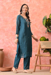 Teal Blossom Embroidered Kurta Set