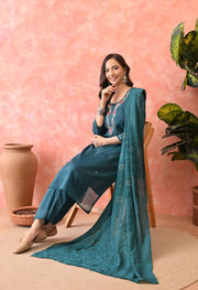 Teal Blossom Embroidered Kurta Set