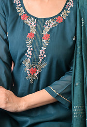 Teal Blossom Embroidered Kurta Set
