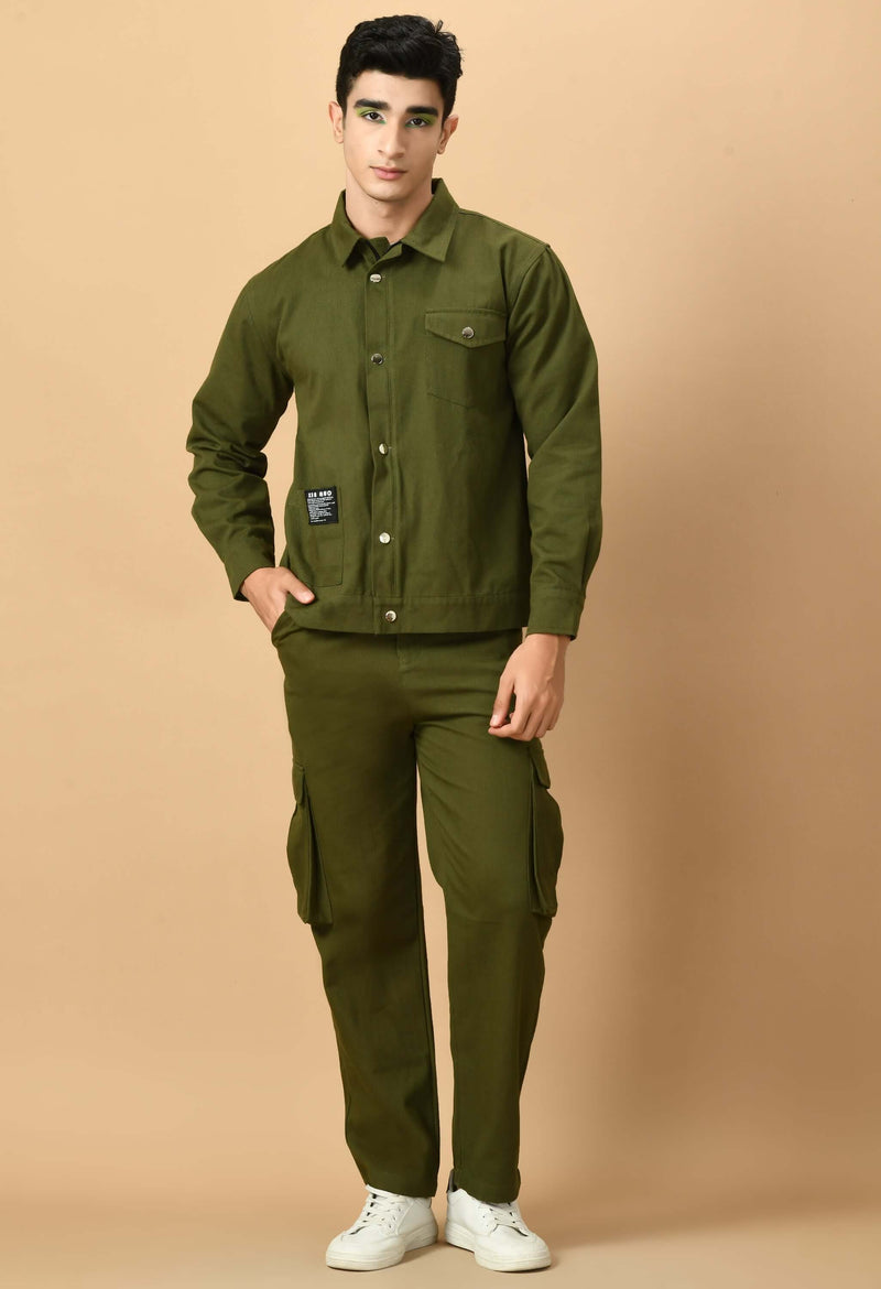 Olive Green Overshirt with Button and Zip Closure co-ord set By Offmint - Elevate Your Casual Chic