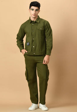 Olive Green Overshirt with Button and Zip Closure co-ord set By Offmint - Elevate Your Casual Chic