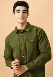 Olive Green Overshirt with Button and Zip Closure co-ord set By Offmint - Elevate Your Casual Chic
