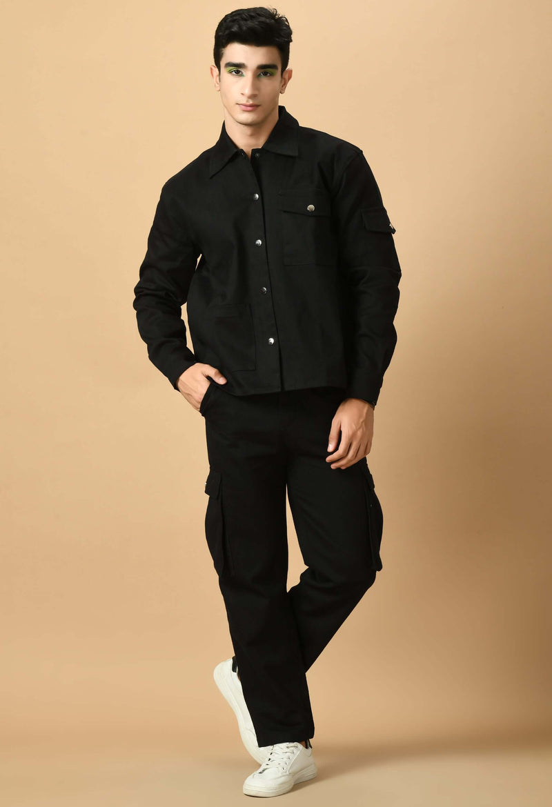 Co-Ord Black Overshirt and Button Set by Offmint - Versatile Casual Elegance
