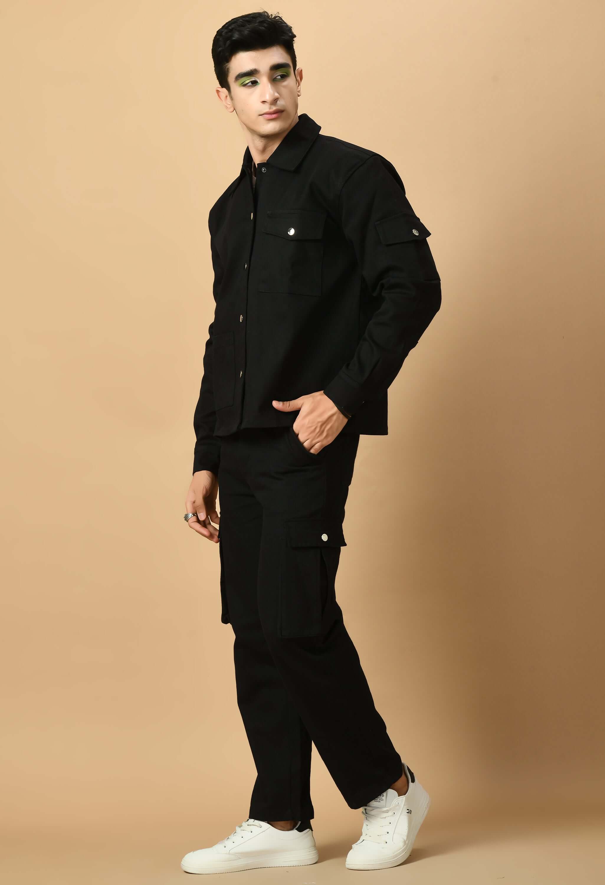 Co-Ord Black Overshirt and Button Set by Offmint - Versatile Casual Elegance